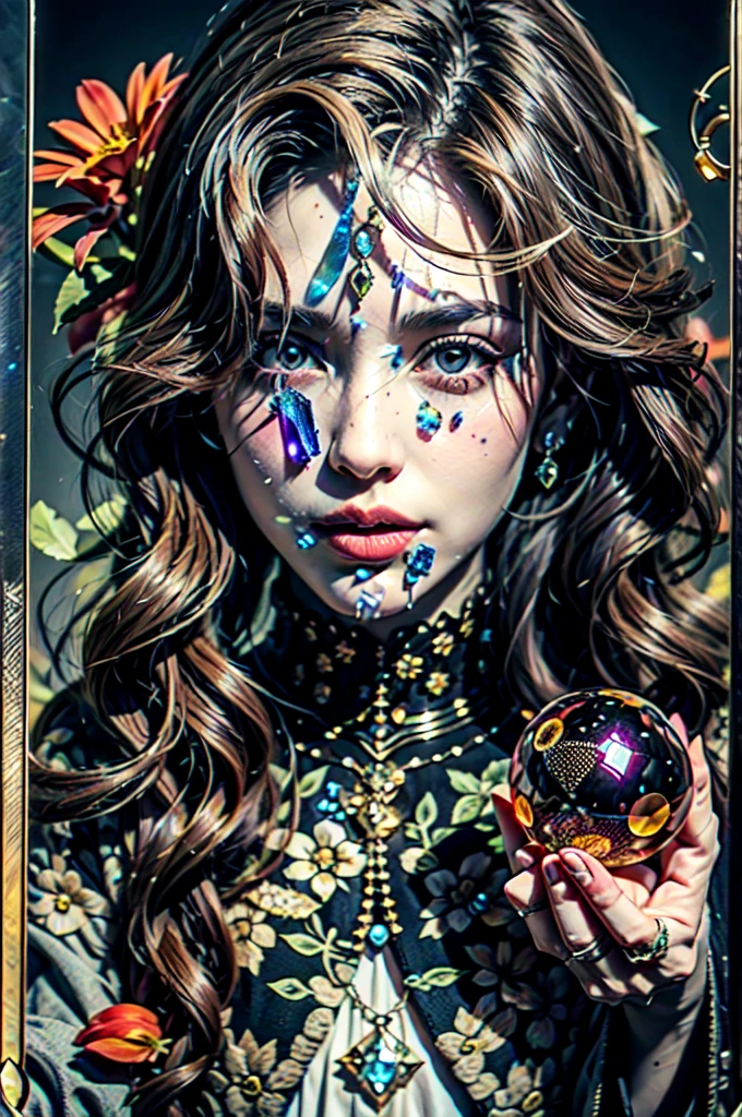 Tarot cards, crystals, crystal ball, diamonds, flowers, realistic, realistic, witch style