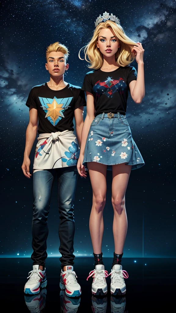 work of art, best qualityer, ultra detali), 1 girl, teenager 18 years old, greeneyes, two tone hair, (hair blonde), blue tips, silver crown, light blue floral print dress, wearing rollerblades. Marvel heroes style. Next to his 18 year old black eyed teenage friend ,short black hair wears jeans, black t-shirt and sneakers holding a guitar and points to Mars. Background a starry sky.