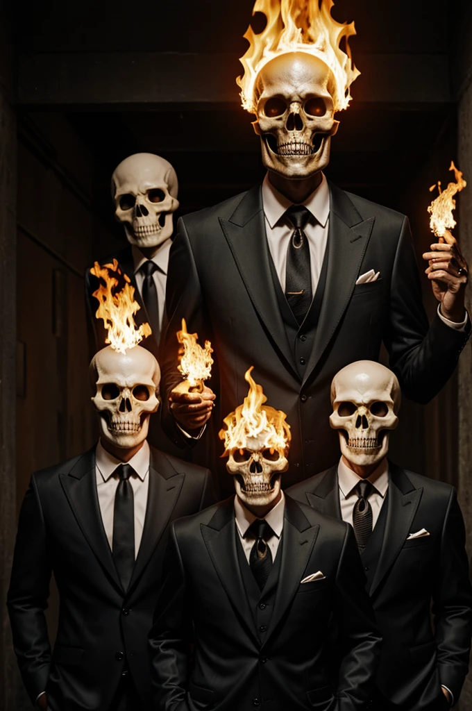 A skull monster, with three skeleton heads, black and tan suit. hell, This three-headed skeletal being has fire powers. 
