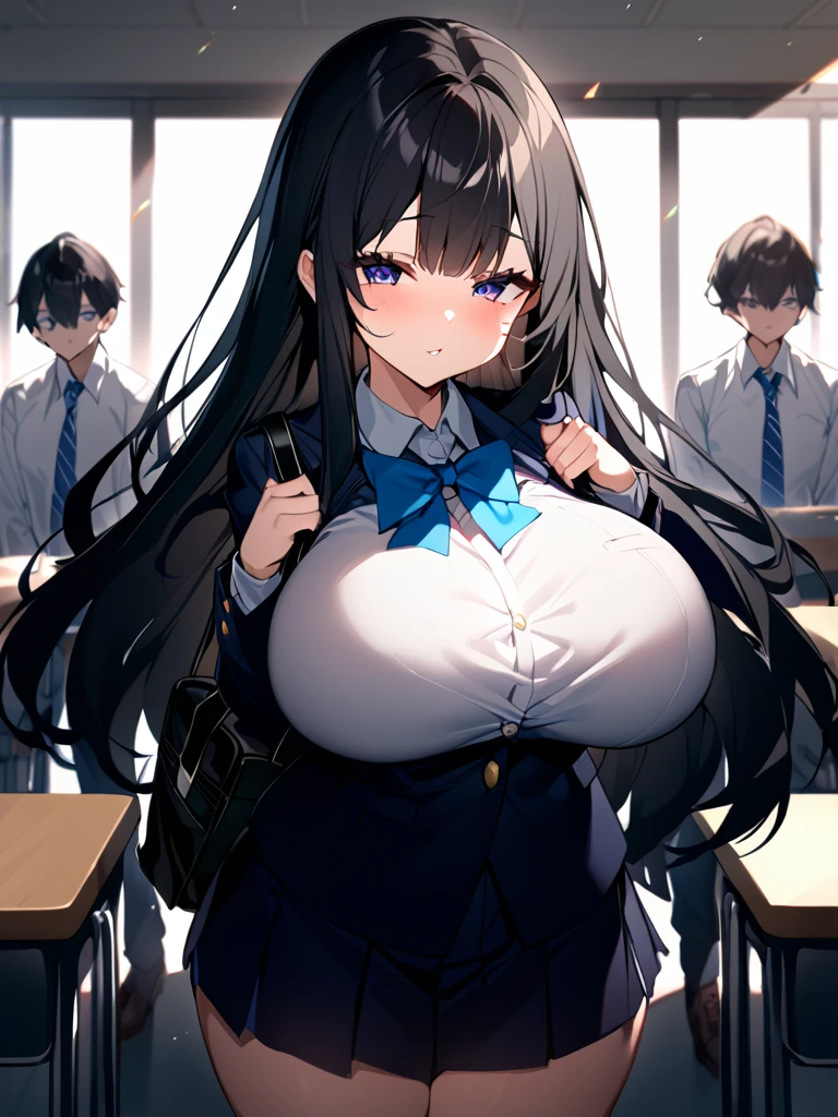 One woman、17 year old female、Huge breasts:1.1、sagging breast:1.1、high school girl、uniform、Black Hair、long hair、clear、Iris、Hold your bag in front of your body with both hands、classroom