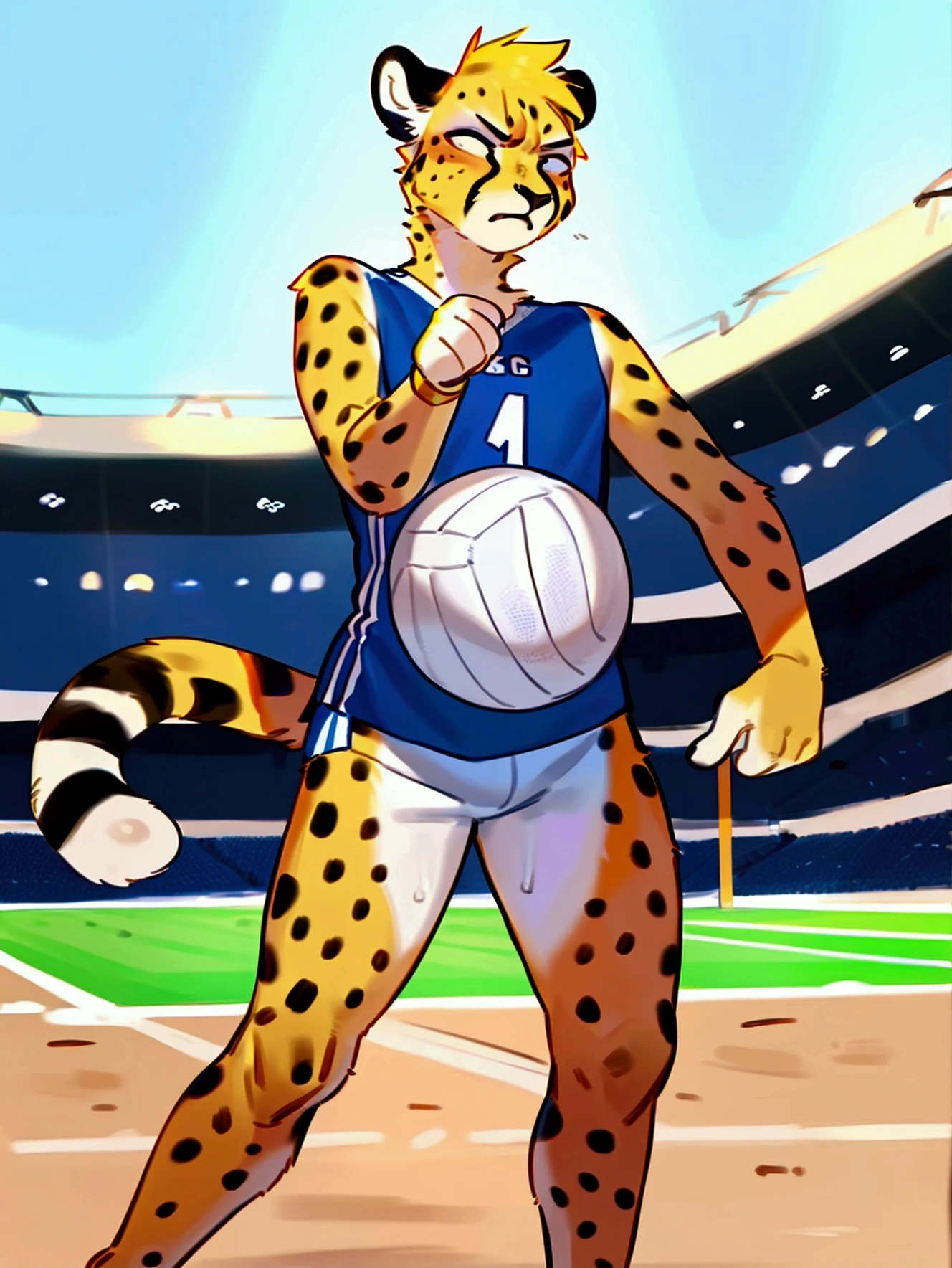 By bebebebebe, by lostgoose, by goonie-san, furry, male, cheetah, angry, frustrated, jersey, slim, sweating, arms out in front, facing camera, stadium, volleyball