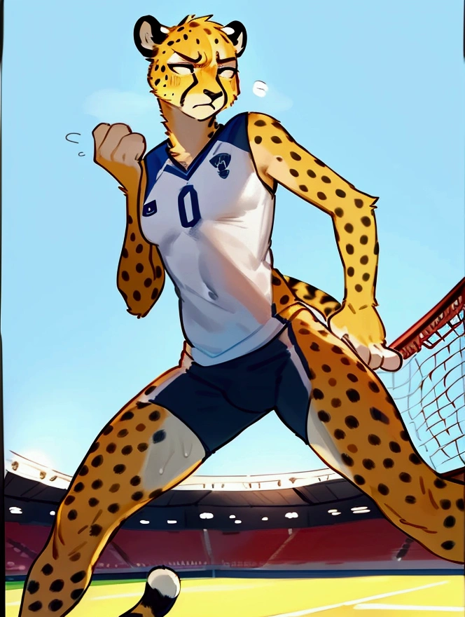 By bebebebebe, by lostgoose, by goonie-san, furry, male, cheetah, angry, frustrated, jersey, slim, sweating, arms out in front, facing camera, stadium, volleyball