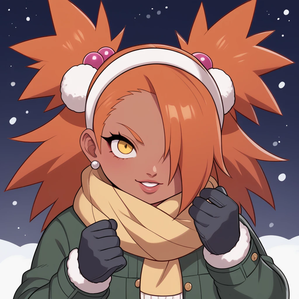 score_9, score_8_up, score_7_up, score_6_up, score_5_up, score_4_up, source_anime, rating_safe, BREAK chouchou akimichi,1girl,dark-skinned female,curvy,orange hair,hair over one eye,two side up,long hair,yellow eyes,hair bobbles,jewelry,earrings,big breats,night,brown winter ear muffs,yellow scarf,green winter jacket,white winter shirt,black winter jeans,sunglasess,winter background,winter gloves