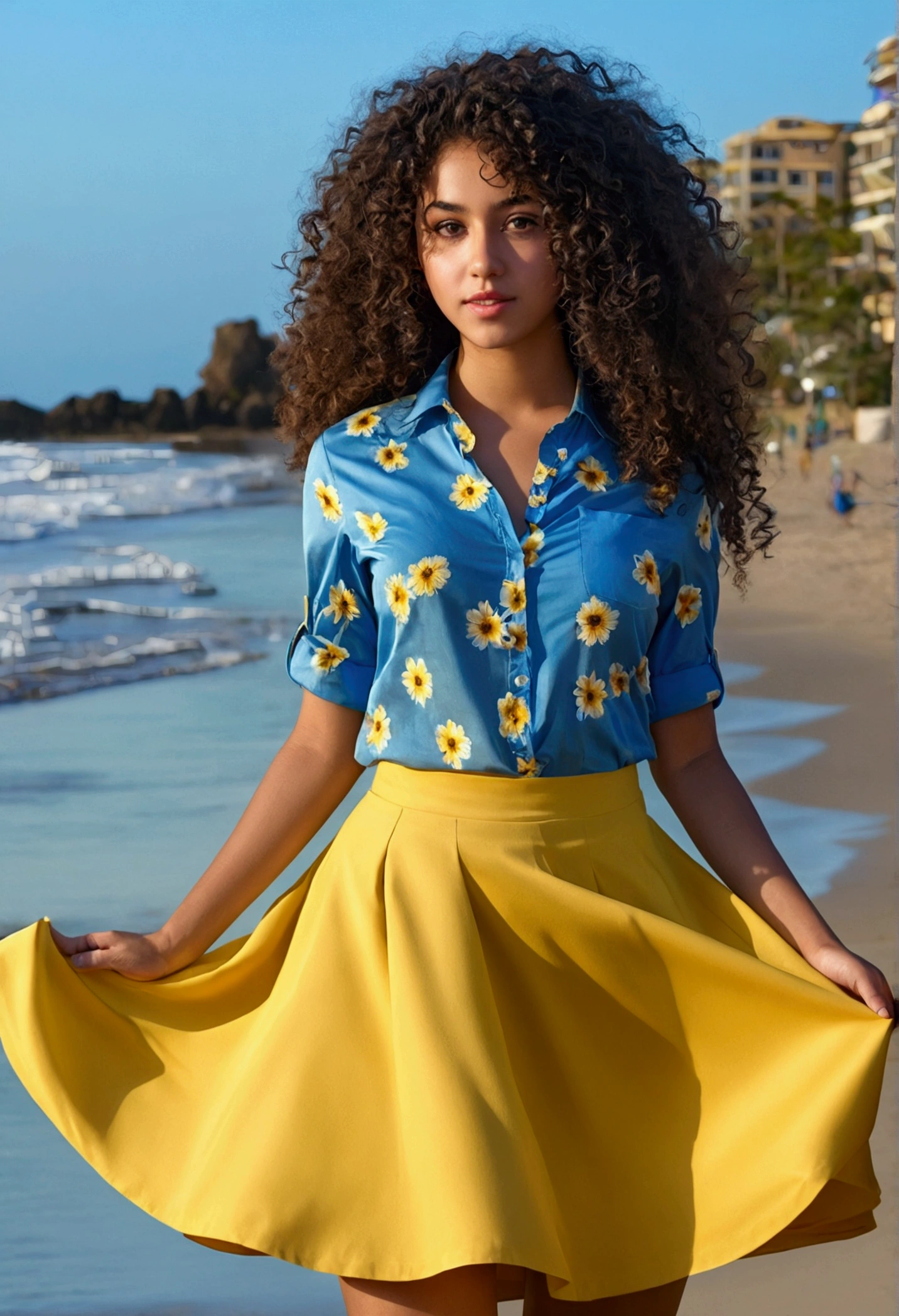 Ultra-realistic, 4K, professional foto, 22 years old, black, big curly hair, hdr, face detailed, medium body, yellow skirt with flower, (open blue shirt), master part, (The ilumination), (1Apenas), beach background, realistic background, photo realist