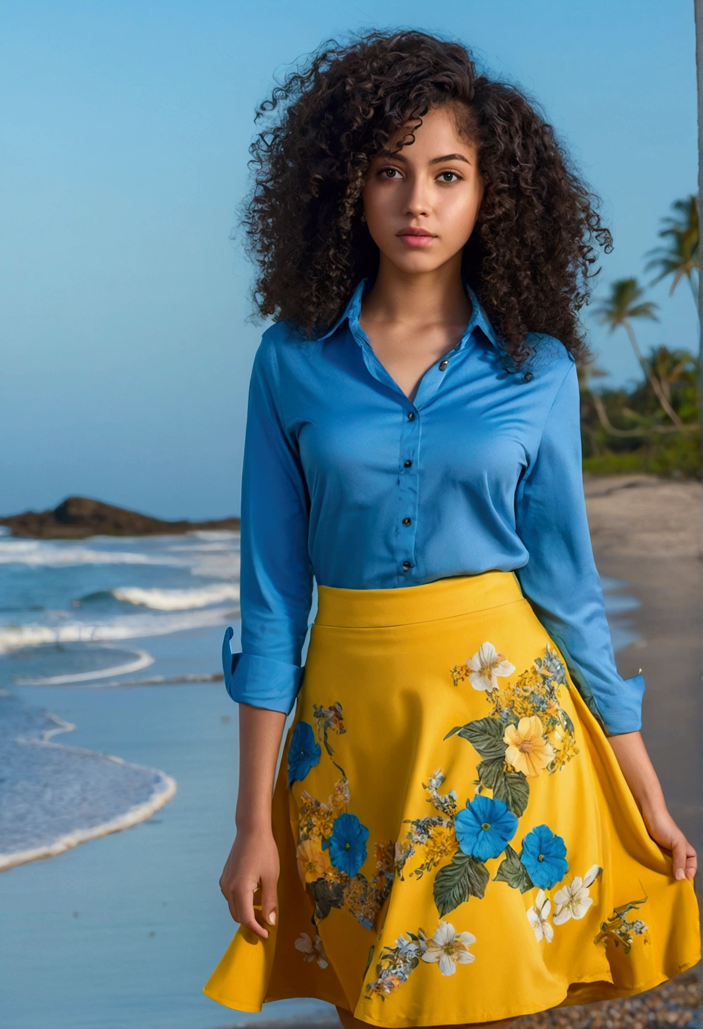 Ultra-realistic, 4K, professional foto, 22 years old, black, big curly hair, hdr, face detailed, medium body, yellow skirt with flower, (open blue shirt), master part, (The ilumination), (1Apenas), beach background, realistic background, photo realist