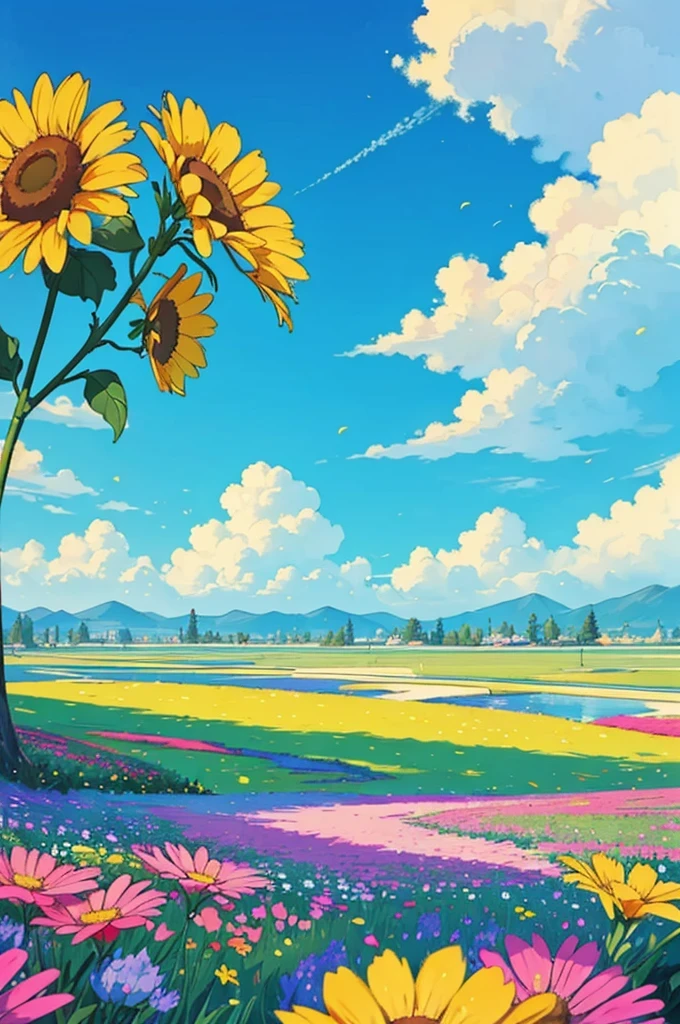 masterpiece, best quality,background ,lanscape,aesthestic, flowers background,sunny day ,blue skies,floral
