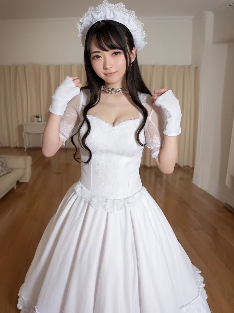 (Highest quality:1.9)、(High resolution)、Live-action image quality、((20-year-old woman、1 person))、Soft lighting by a professional photographer、Natural light、((Very spacious white luxurious room:1.6))、((Bright white room:1.6))、(Standing in front of a very luxurious white bed:1.2)、(White bookshelf background:1.1)、Natural soft light、((Black Hair Color:1.1))、Fair skin、Detailed Eyes、double eyelid、Slightly puffy cheeks、((Small Face:1.0))、(pink maid_cosplay, breasts, puffy short sleeves, puffy sleeves, short sleeves, maid headdress, chain, frills, white gloves, cowboy shot, large breasts, pointy hair, gloves,gothic, gothic maid)、(Cute Smile)、((Girly pose 1.8))、((Long curly hair:1.1))、((Full Body Shot:1.2))、((Height: 165cm))、Hands in front、Hold hands between legs、