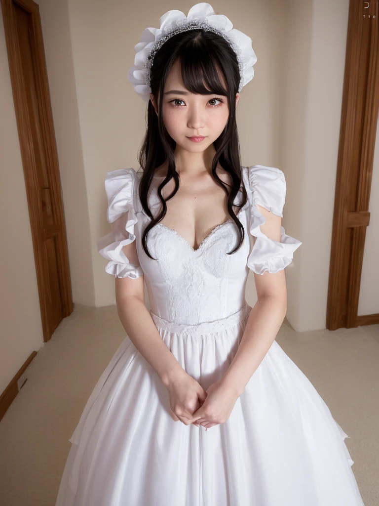 (Highest quality:1.9)、(High resolution)、Live-action image quality、((20-year-old woman、1 person))、Soft lighting by a professional photographer、Natural light、((Very spacious white luxurious room:1.6))、((Bright white room:1.6))、(Standing in front of a very luxurious white bed:1.2)、(White bookshelf background:1.1)、Natural soft light、((Black Hair Color:1.1))、Fair skin、Detailed Eyes、double eyelid、Slightly puffy cheeks、((Small Face:1.0))、(pink maid_cosplay, breasts, puffy short sleeves, puffy sleeves, short sleeves, maid headdress, chain, frills, white gloves, cowboy shot, large breasts, pointy hair, gloves,gothic, gothic maid)、(Cute Smile)、((Girly pose 1.8))、((Long curly hair:1.1))、((Full Body Shot:1.2))、((Height: 165cm))、Hands in front、Hold hands between legs、