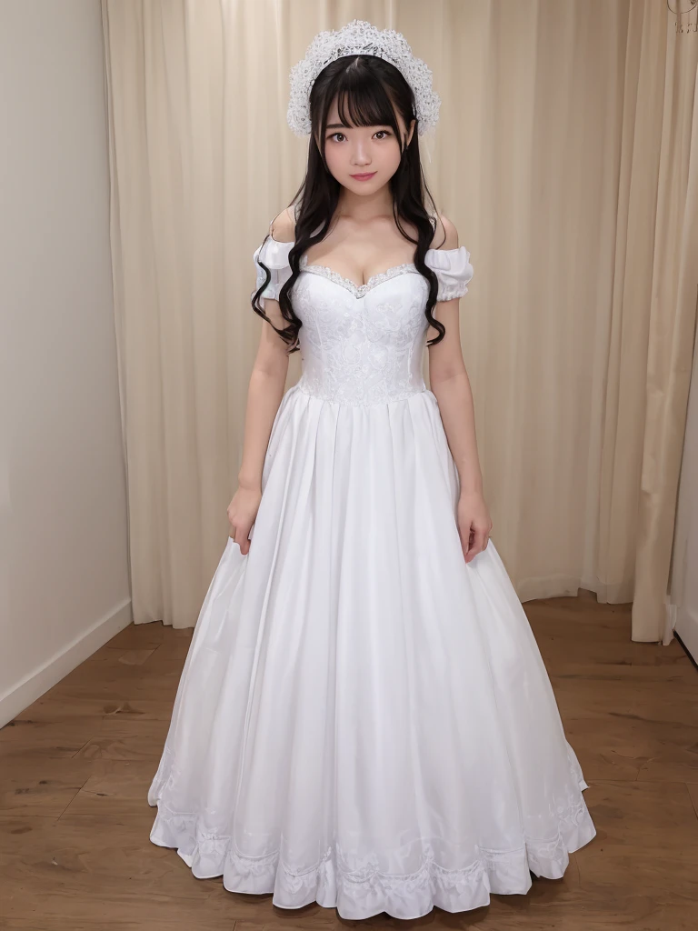 (Highest quality:1.9)、(High resolution)、Live-action image quality、((20-year-old woman、1 person))、Soft lighting by a professional photographer、Natural light、((Very spacious white luxurious room:1.6))、((Bright white room:1.6))、(Standing in front of a very luxurious white bed:1.2)、(White bookshelf background:1.1)、Natural soft light、((Black Hair Color:1.1))、Fair skin、Detailed Eyes、double eyelid、Slightly puffy cheeks、((Small Face:1.0))、(pink maid_cosplay, breasts, puffy short sleeves, puffy sleeves, short sleeves, maid headdress, chain, frills, white gloves, cowboy shot, large breasts, pointy hair, gloves,gothic, gothic maid)、(Cute Smile)、((Girly pose 1.8))、((Long curly hair:1.1))、((Full Body Shot:1.2))、((Height: 165cm))、Hands in front、Hold hands between legs、