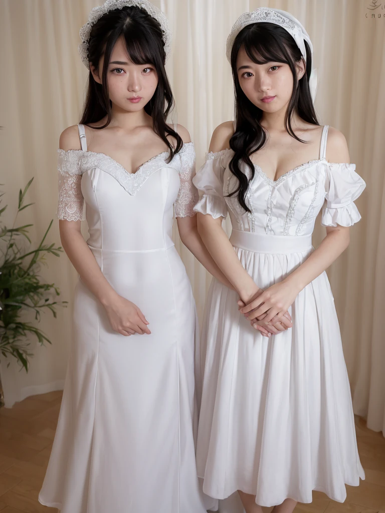 (Highest quality:1.9)、(High resolution)、Live-action image quality、((20-year-old woman、1 person))、Soft lighting by a professional photographer、Natural light、((Very spacious white luxurious room:1.6))、((Bright white room:1.6))、(Standing in front of a very luxurious white bed:1.2)、(White bookshelf background:1.1)、Natural soft light、((Black Hair Color:1.1))、Fair skin、Detailed Eyes、double eyelid、Slightly puffy cheeks、((Small Face:1.0))、(pink maid_cosplay, breasts, puffy short sleeves, puffy sleeves, short sleeves, maid headdress, chain, frills, white gloves, cowboy shot, large breasts, pointy hair, gloves,gothic, gothic maid)、(Cute Smile)、((Girly pose 1.8))、((Long curly hair:1.1))、((Full Body Shot:1.2))、((Height: 165cm))、Hands in front、Hold hands between legs、