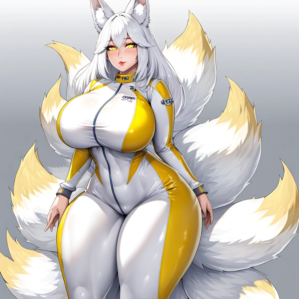 beautiful white kitsune, yellow eyes, highly detailed face, highly detailed eyes, big breasts, white hair, mature woman, several white kitsune tails, soft long white kitsune ears, wearing white and yellow race suit, wide waist, full body