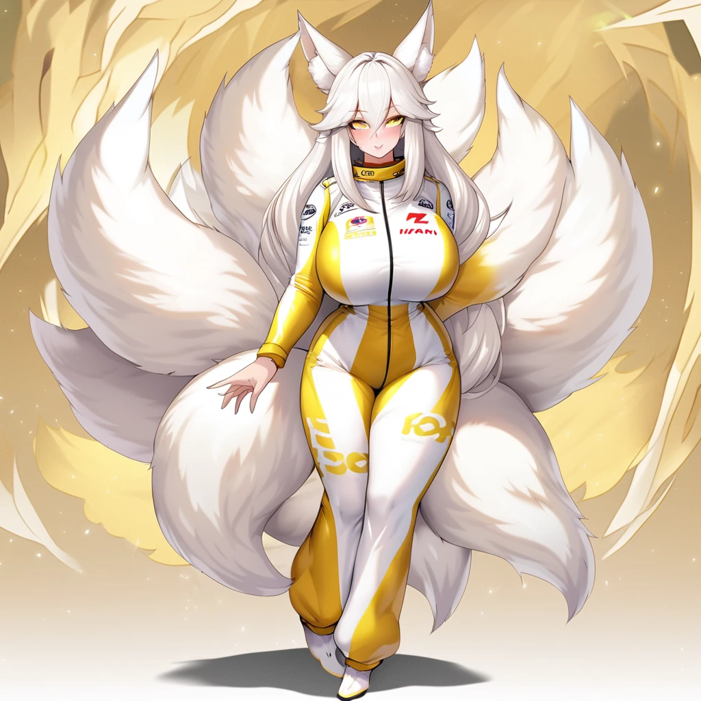 beautiful white kitsune, yellow eyes, highly detailed face, highly detailed eyes, big breasts, white hair, mature woman, several white kitsune tails, soft long white kitsune ears, wearing white and yellow race suit, wide waist, full body