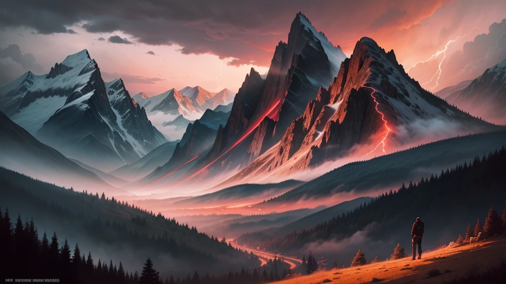 a young man looking at the mountain, from a peaceful valley The sky is densely covered with red and black clouds, brewing a storm, Lightning strikes the ground, steep distant mountains, There is a grandeur and heroism in the chaos, artwork, mixed media, Combine digital with traditional ink,