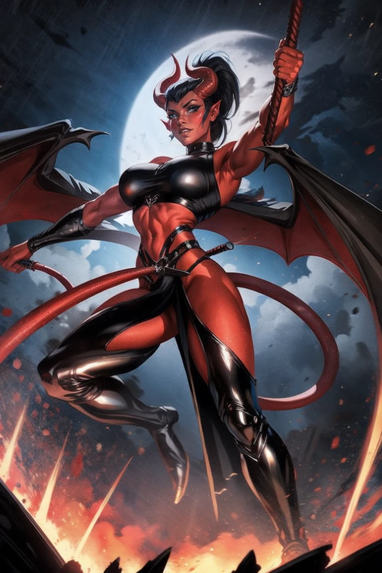 Red skin succubus tiefling, digitigrade legs, medium breasts, black horns, wings, huge tail, black leather, crop top, long flowing pelvic curtain, tall, toned, graceful, thin, long black ponytail. Action scene, whip. Dark scene, explosions, night sky.