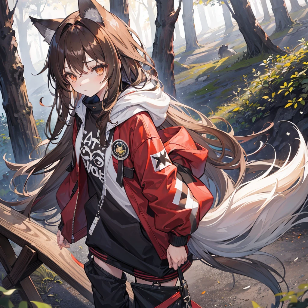 girl, brown long hair,messy hair,amber eyes, big eyes,wolf ear,wolf tail, hooded jacket,slender body,small breast,baggy pants,forest