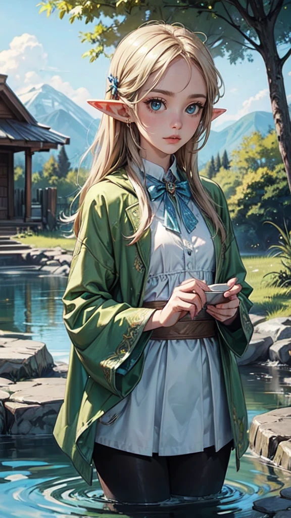 1 girl, (alone:1.3), ditch,((best quality)), ((masterpiece)), (detailed), perfect face, elf, young, hot spring, Outdoor activities, suit, holding one's legs, certainly(blue file), medium breasts, blonde hair, braid, folded ponytail, Headband,,sexy,detailed face, detailed eyes, detailed hands, elf woman, full body