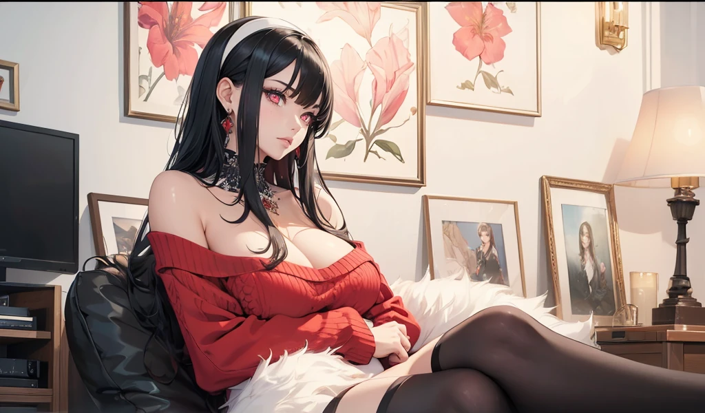 ((1girl, solo)), yor briar, beautiful body, (perfect anatomy, perfect body, perfect hands, perfect legs), natural proportions, sexy body, large breasts, sitting, object hug BREAK
((extremely detailed face)), (red eyes:1.2), (beautiful detailed eyes:1.6), (realistic pupils, realistic iris:1), expressive eyes, looking to the side, (clear eyes:1.3), (hyperrealistic:1.2), (detailed skin texture:1.2), smooth skin, (black hair:1.5), long hair, white hairband, earrings, (detailed lips:1.2), (attractive lips:1.1), (glossy lips:1.1), closed mouth, perfect face, perfect eyes BREAK
red sweater, off-shoulder sweater, long sleeves, sweater dress, black pantyhose BREAK
indoors, couch, lamp, pillow, wall painting BREAK
(masterpiece:1.5), anime-style, top quality, best quality, (beautiful and aesthetic:1.2), (ultra detail:1.5), Ultra-detailed depiction, Ultra-precise depiction, extremely detailed 8k illustration, high resolution, (highly detailed shading:1.2), (realistic lighting:1.4), perfect lighting, vibrant colors, dynamic tones, striking hues, 8k, absurd resolution, perfect shadows, hdr, UHD, ambient lighting, realistic, ultra-realistic, photo realistic, highly detailed, rich detail, luminous colors, fine texture, intricate design, professional illustration, (soft light:1.2), (illustration:0.7)