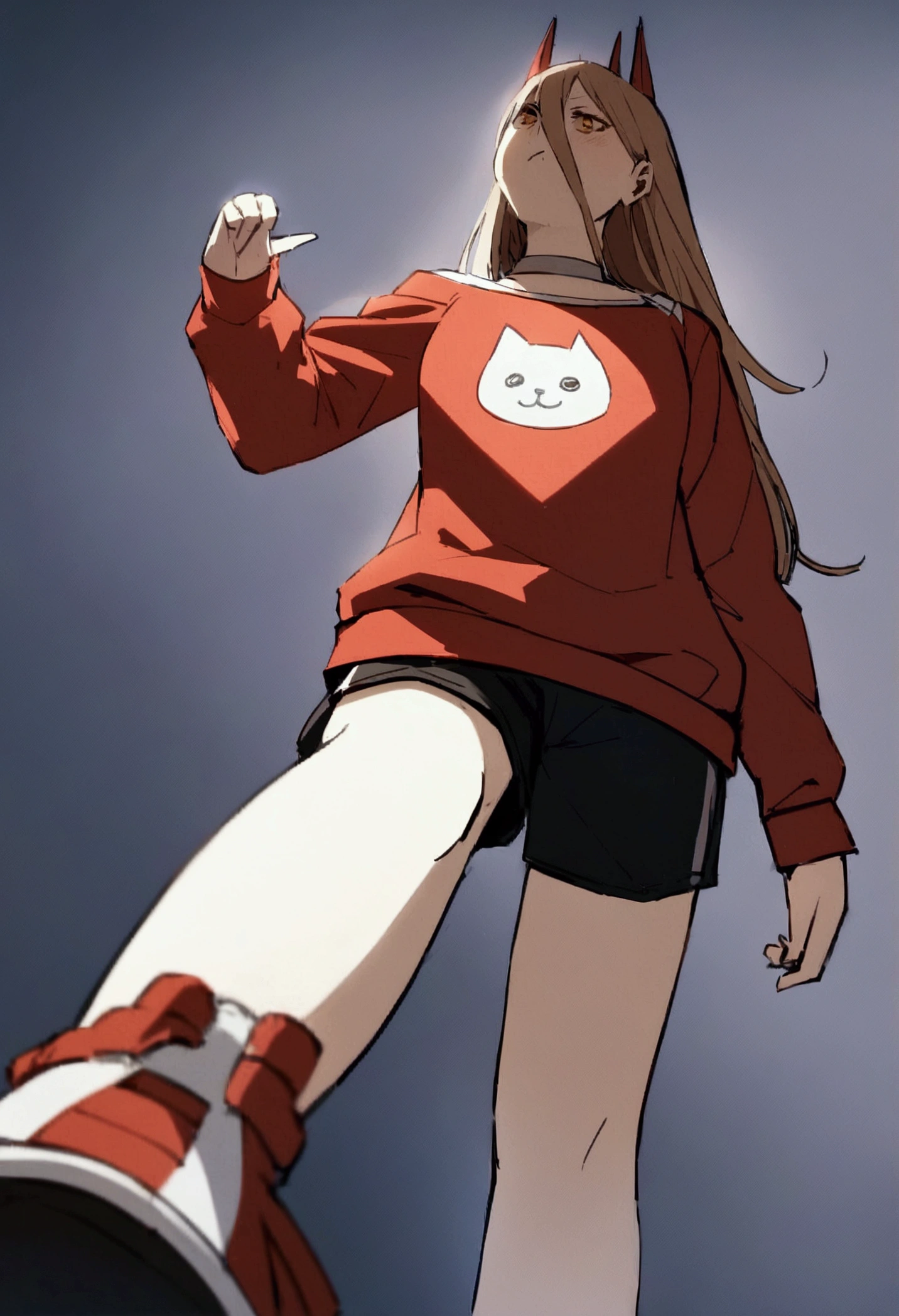 a power, , wearing a red jacket, a very small and short white shirt with a cat printed on it , black shorts and sneakers  