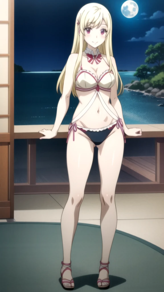 Full body anime girl in sexy hentail lingerie on a beach at night with the moon beautiful seductive anime , oppai, anime hi-fructose, attractive anime girl, anime girl named lucy, female anime character, anime girls, sankaku complex anime image,(anime girl) Yamada mocking smile_yellow, 1chica , by rubio, alone, wide, hair ornament, , smile, bow, red eyes my dress darling anime, beautiful seductress anime anime