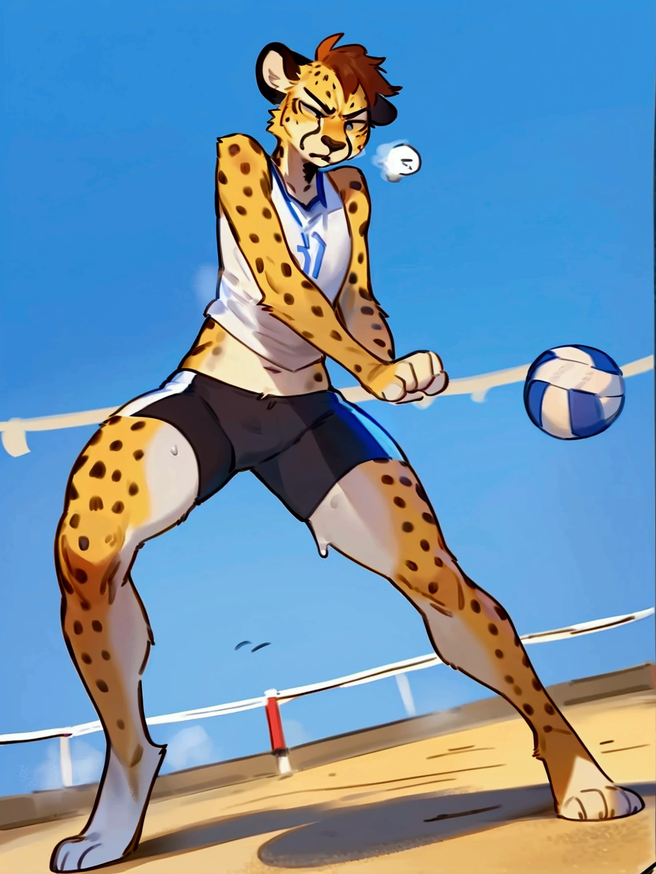 By bebebebebe, by lostgoose, by goonie-san, furry, male, cheetah, angry, frustrated, jersey, slim, sweating, arms out in front, facing camera, stadium, volleyball