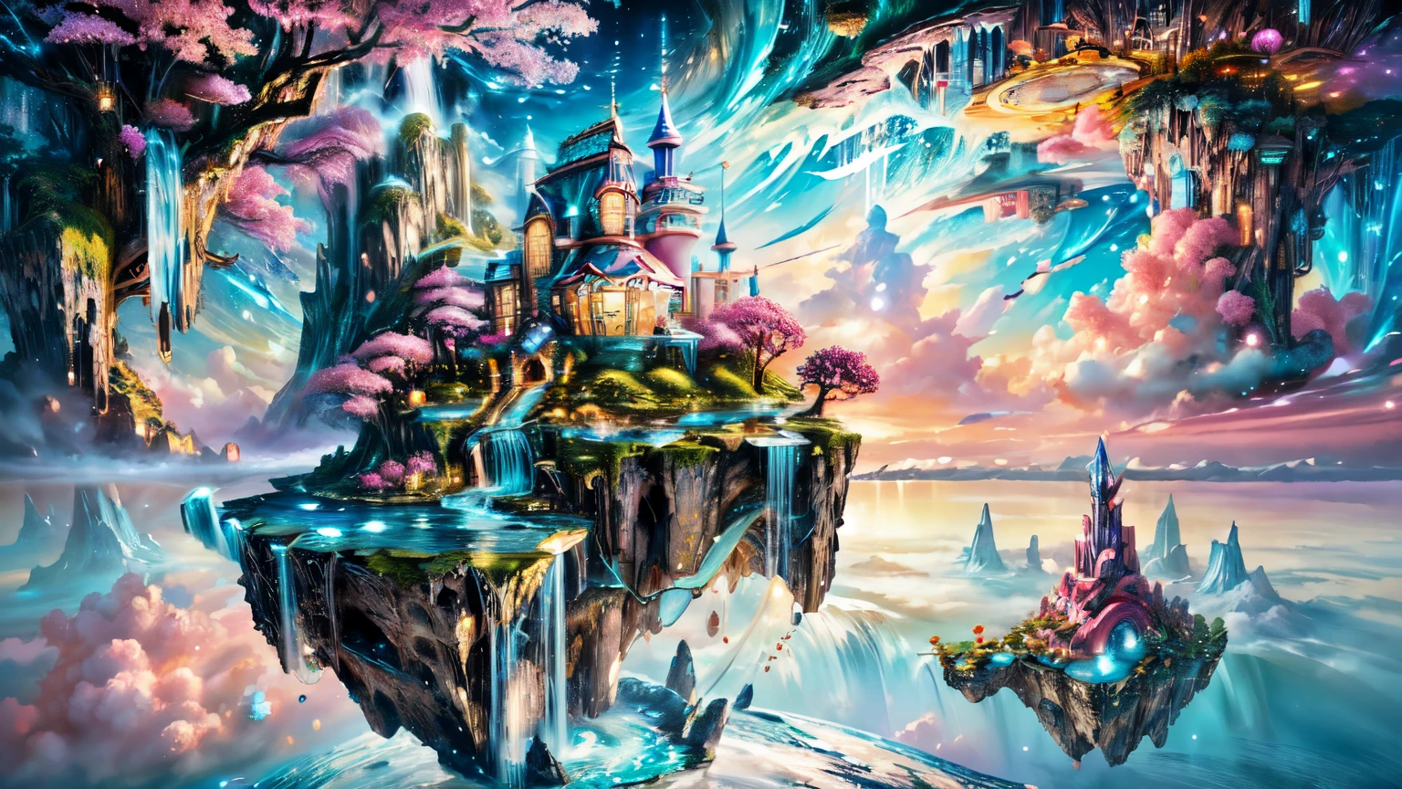 clock_realm,clock,((masterpiece)),((best quality)),8k,high detailed,ultra-detailed,illustration,concept art,fantasy,a floating island,candy tree,porcelain house, (floating waterfalls:1.1),(floating islands in the sky:1.2),magical creatures,capturing the otherworldly beauty of a floating fantasy realm,