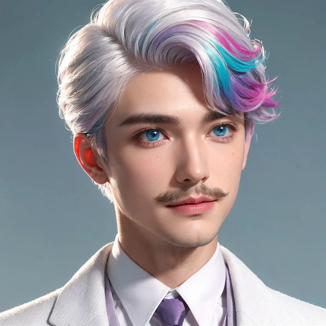 Handsome boy, (white hair highlighted with pink, turquoise, and purple), light blue eyes, with mustache, wearing white formal