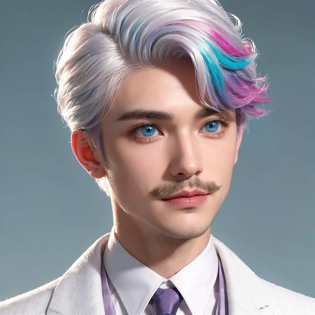 Handsome boy, (white hair highlighted with pink, turquoise, and purple), light blue eyes, with mustache, wearing white formal