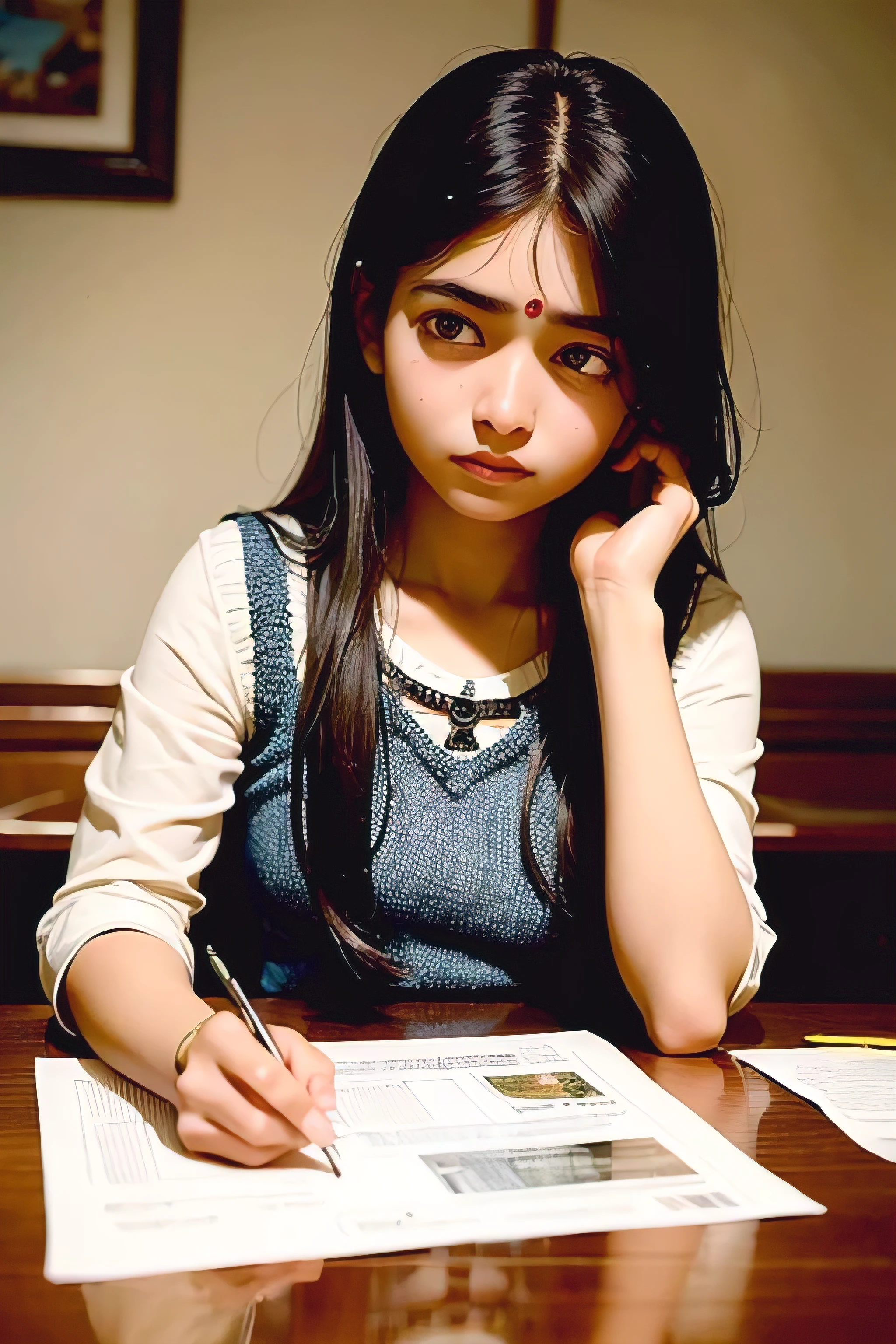 ((best quality)), ((masterpiece)), (detailed), An illustration of an Indian teenage girl sitting at a desk looking at her report card with a disappointed expression on her face
