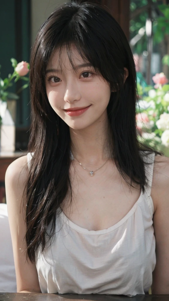 best quality, ultra high resolution, (realistically:1.4),Baoyu Girl,European style apartment,A pair of clear and charming peach blossom eyes, Royal sister,The sun shines on the face,big breasts,Big long wavy hairstyle, Showing forhead(necklace:1.2),(White skin:1.4),a sense of atmosphere,a beautiful girl, Smile,looking directly at the viewer, (lifelike:1.4),1 girl,Sexy,(Upper body:1.4),(wet),(:1.2)
