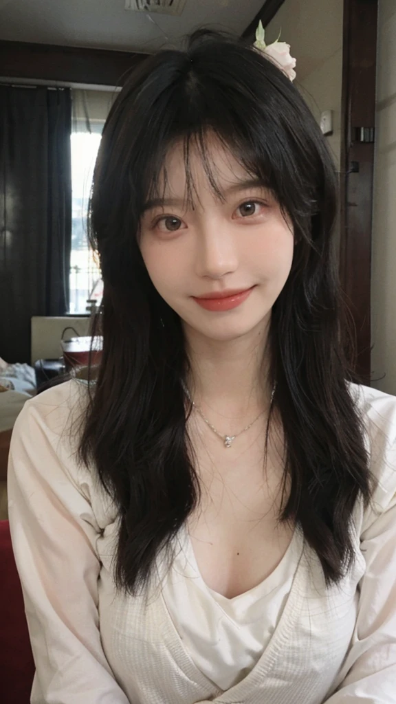 best quality, ultra high resolution, (realistically:1.4),Baoyu Girl,European style apartment,A pair of clear and charming peach blossom eyes, Royal sister,The sun shines on the face,big breasts,Big long wavy hairstyle, Showing forhead(necklace:1.2),(White skin:1.4),a sense of atmosphere,a beautiful girl, Smile,looking directly at the viewer, (lifelike:1.4),1 girl,Sexy,(Upper body:1.4),(wet),(:1.2)