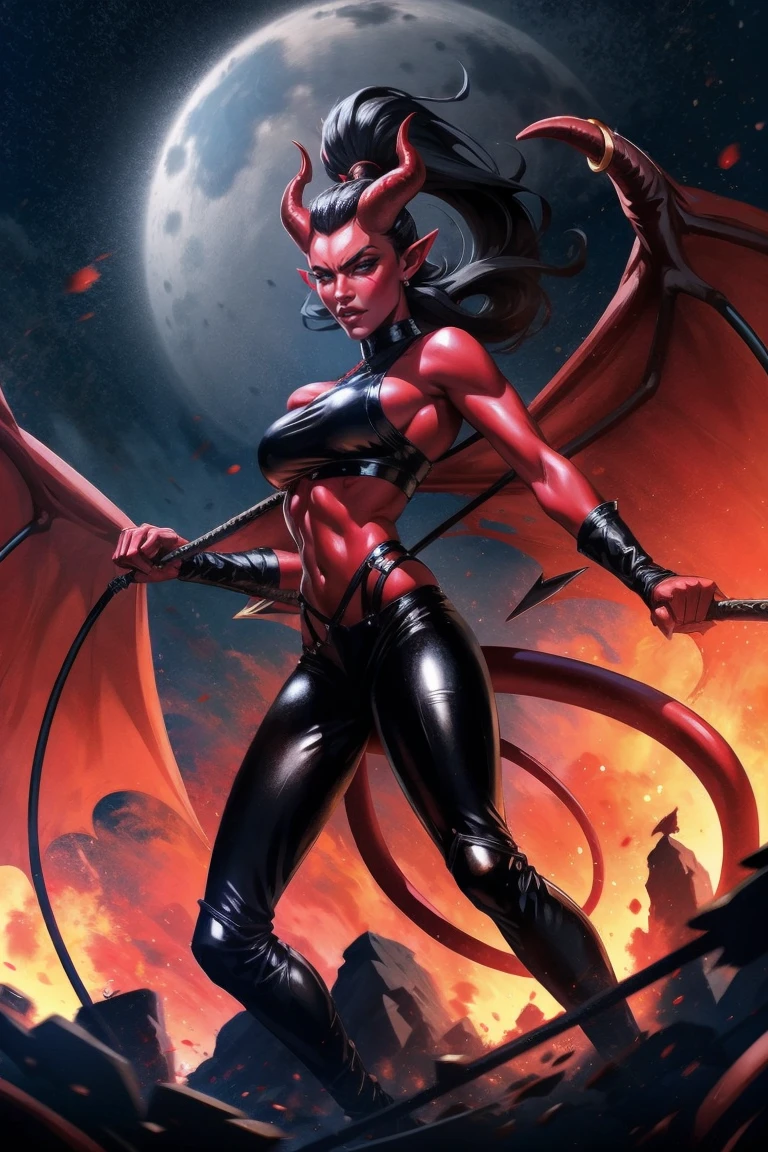 Red skin succubus tiefling, medium breasts, black horns, wings, huge tail, black leather, crop top, long flowing pelvic curtain, tall, toned, graceful, thin, long black ponytail. Action scene, whip. Dark scene, explosions, night sky.