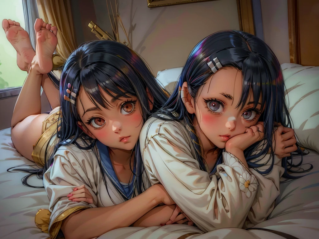 a cute anime girl laying on her stomach on bed, feet up in the air, wearing a japanese sailor , nagatoro, beautiful detailed eyes, beautiful detailed lips, extremely detailed face and features, long eyelashes, detailed folds and creases in uniform, intricate background details,detailed fabric textures