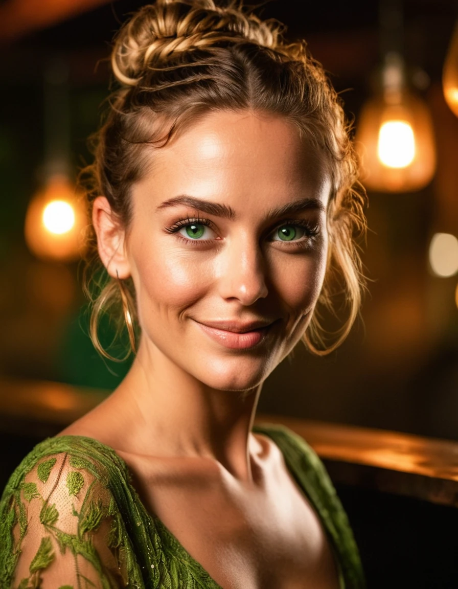 portraite, fot, beautiful and sensual peasant, bar girl, medium shot, with beautiful detailed green eyes, trunk, shy smile, amazing body, seducer, cinematic lighting, (shy), hair in a messy bun, beautiful lighting, high saturation, 