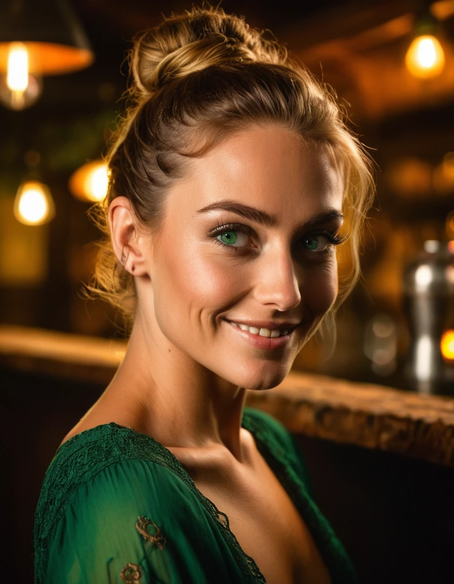 portraite, fot, beautiful and sensual peasant, bar girl, medium shot, with beautiful detailed green eyes, trunk, shy smile, amazing body, seducer, cinematic lighting, (shy), hair in a messy bun, beautiful lighting, high saturation, 