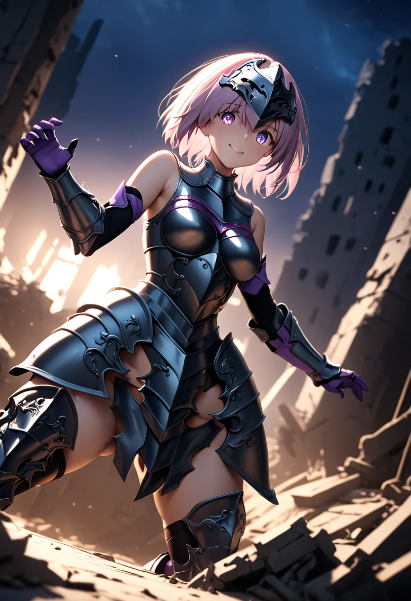 (masterpiece, top quality, best quality, beautiful and aesthetic:1.2), full body, SFW, extremely detailed, detailed eyes, detailed hands, cinematic light, depth of field, 1girl, seducing smile, solo, official, (full armored knight:1.4), dark armor, knight helmet, mash kyrielight, slim body, cinematic lighting, dramatic lighting, dramatic atmosphere, hyper-realistic, high resolution, stunning contrast, high quality, best quality, 8k, 4k, intricately detailed, (amazing details:1.2), highly detailed skin, powerful presence, vibrant colors, (detailed eyes:1.2), striking eyes, (detailed background), (warzone on background, night, ruins), (dynamic angle:1.2), (dynamic pose:1.2)