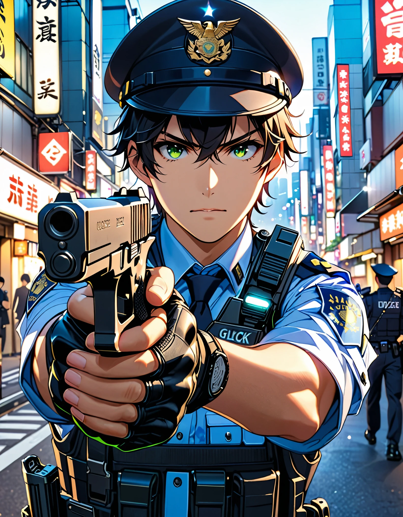 high resolution, (masterpiece:1.4, Hyper-detailing, Young man, male focus, routine patrol, Japanese Police officer, tokyo street, The expression is serious, (holding a gun, holding a pistol, shooter, finger on trigger, glock17), solo, solo focus, black hair, green eyes.