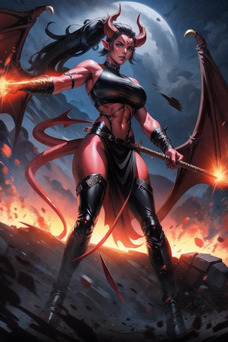 Red skin succubus tiefling, digitigrade legs, big medium breasts, black horns, wings, huge tail, black leather, crop top, long flowing pelvic curtain, tall, toned, graceful, thin, long black ponytail. Action scene, whip. Dark scene, explosions, night sky.