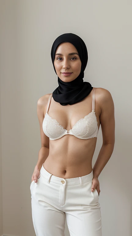 woman,((30 years old)), naked, bra, black hijab, beautiful face, white skin, soft smile, pants