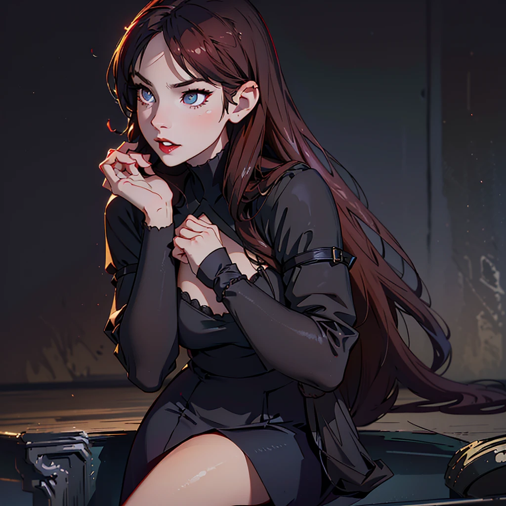 a young woman with pale skin, reddish eyes, thin almond-shaped eyes, light makeup, egyptian eyeliner, firm posture, tight long black dress with large sleeves covering hands, queen anne neckline, straight very long hair cascading down, sharp canines, red lips, roguish smile, serious expression, in a vampire mansion,(best quality,4k,8k,highres,masterpiece:1.2),ultra-detailed,(realistic,photorealistic,photo-realistic:1.37),dark fantasy,gothic,dramatic lighting,dramatic shadows,chiaroscuro,moody atmosphere,dramatic pose