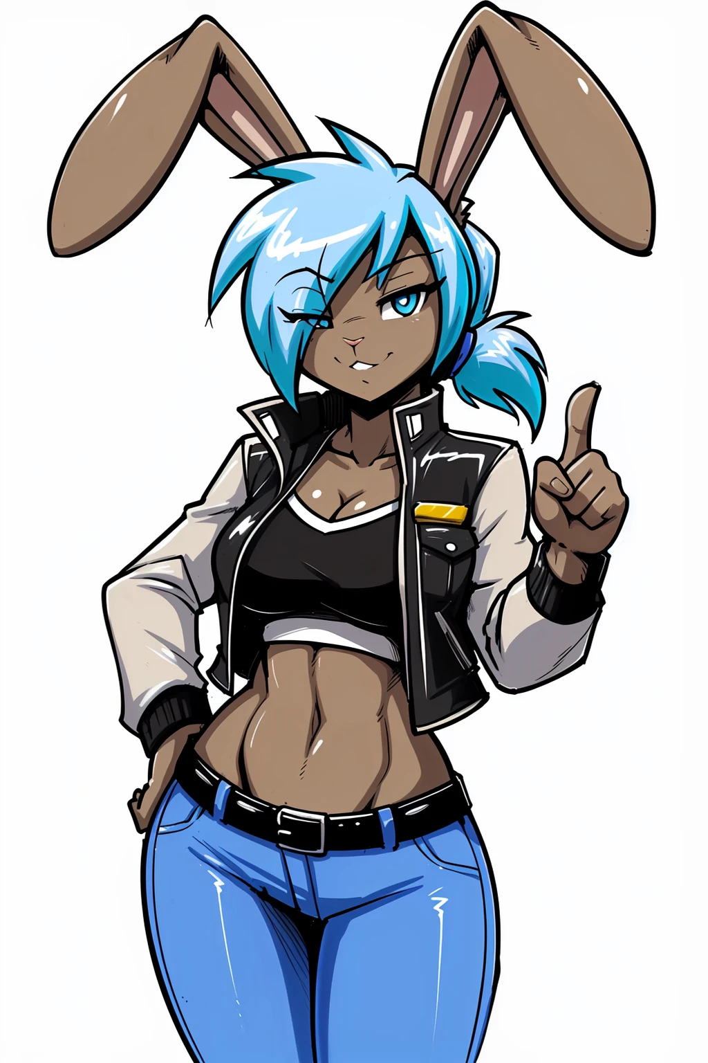 (adult, sketch-ish, 2d, absurdres, best quality, uploaded on e621), (by uc77, by zeekzag, by skidd, by john joseco, by kadath, by bigdad, by shonuff, by scappo), ((white background, no background:1.4)), (bust portrait, manga styled, manga styled eyes, intense pupils, getter robo styled eyes), (sassy, seductive, cute, adult, female anthro rabbit, solo, rabbit ears, lop ears), ((tufted fur, dark tan body, dark tan fur:1.5)), (pattens blue eyes, bedroom eyes, lidded eyes), ((medium-length hair with a ponytail, baja white hair, celeste cyan hair, very light blue hair, bright blue hair, gradient hair)), (hair over eye), ((waist jacket, white sports bra, white and black jeans)), (curvy figure), (((short rabbit tail:1.1))), thumbs up