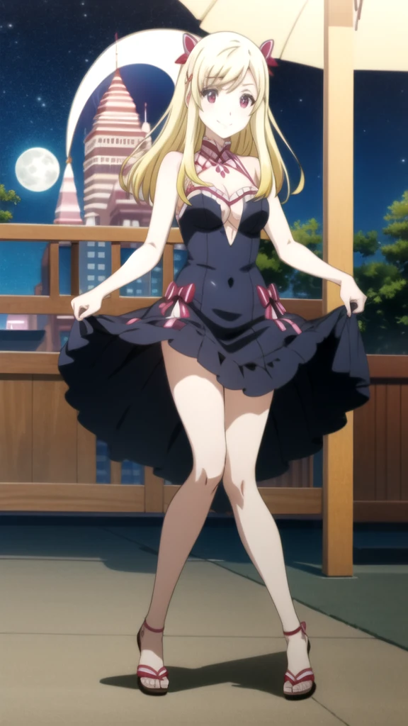 Full body anime girl in sexy hentail lingerie on a beach at night with the moon beautiful seductive anime teen, oppai, anime hi-fructose, attractive anime girl, anime girl named lucy, female anime character, anime girls, sankaku complex anime image,(anime girl) Yamada mocking smile_yellow, 1chica , by rubio, alone, wide, hair ornament, , smile, bow, red eyes my dress darling anime, beautiful seductress anime anime