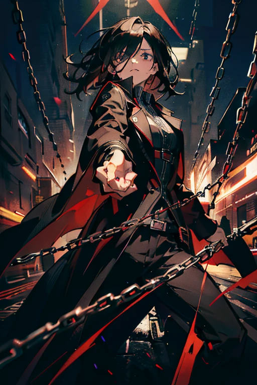 1man, confident, wearing black trench coat with chains, red long sleeve shirt, black vest, long black pants, black hair, short hair, face to detail, detailed eyes, black eyes, holding playing card, in a fighting pose, absurdres, high res, ultra sharp, 8k, masterpiece