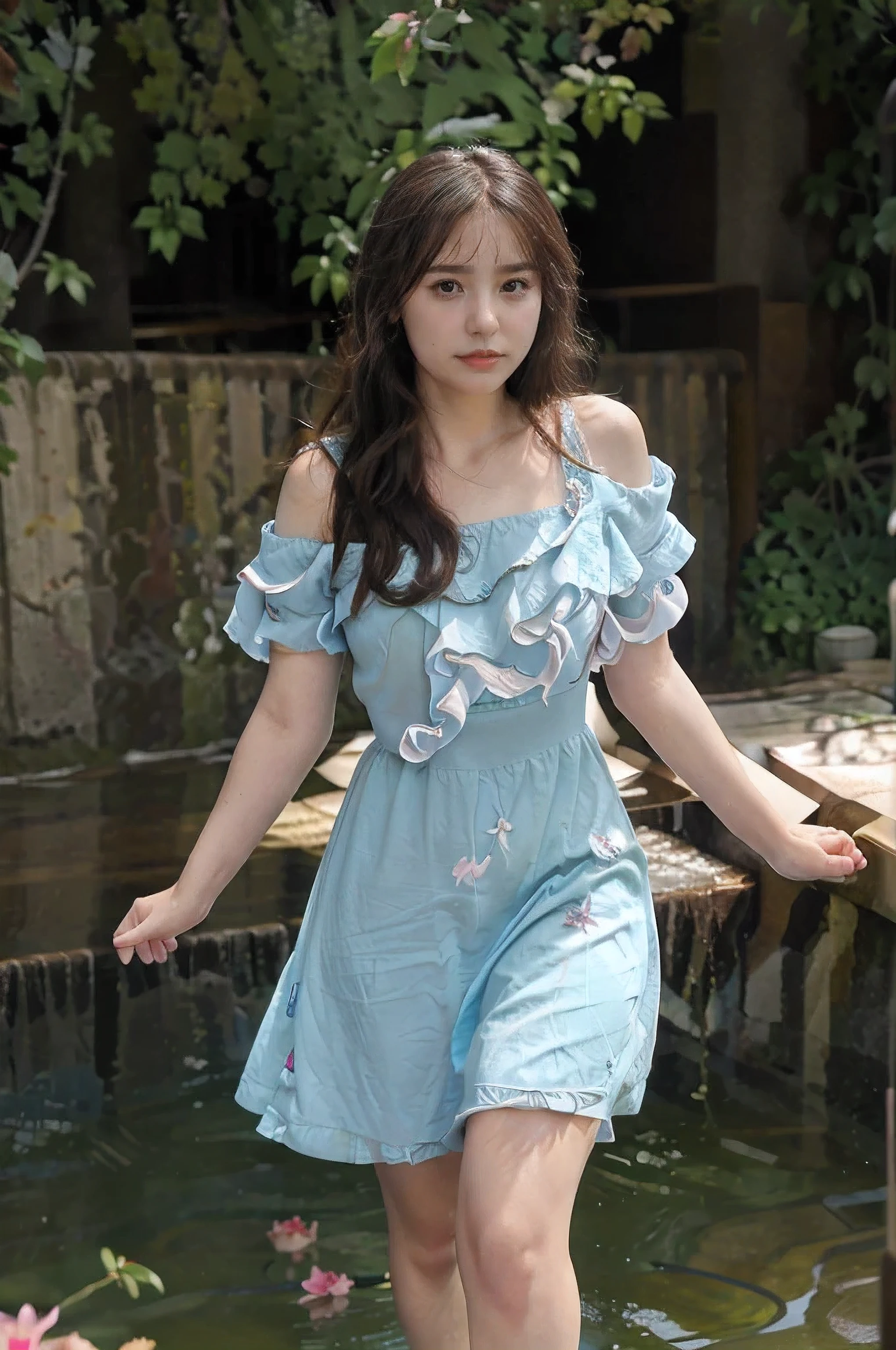 In a turquoise dress that perfectly complements her sky-blue shoes, a 25-year-old woman stands full-length, her dark hair cascading down her shoulders, framing a heart that she holds tenderly against her chest. Her serene smile blooms among a vibrant arrangement of red peonies and blue roses, with a sunlit waterfall cascading in the background, adding an element of tranquility and harmony to the scene. The image should be captured in hyper realistic detail and high resolution, reflecting the clarity and crispness of a professional photograph. Each petal of the peonies and each strand of her hair should be distinctly visible, the water, turn to forward, ultra realistic. cleare look image. ultra realistic face. award winning photograph, (Best quality, 8k, 32k, Masterpiece, UHD:1.3) , more details, ultra details, ultra quality, ultra realistic, ultra HD camera angle. free hand, real hand, real fingers, look forward.