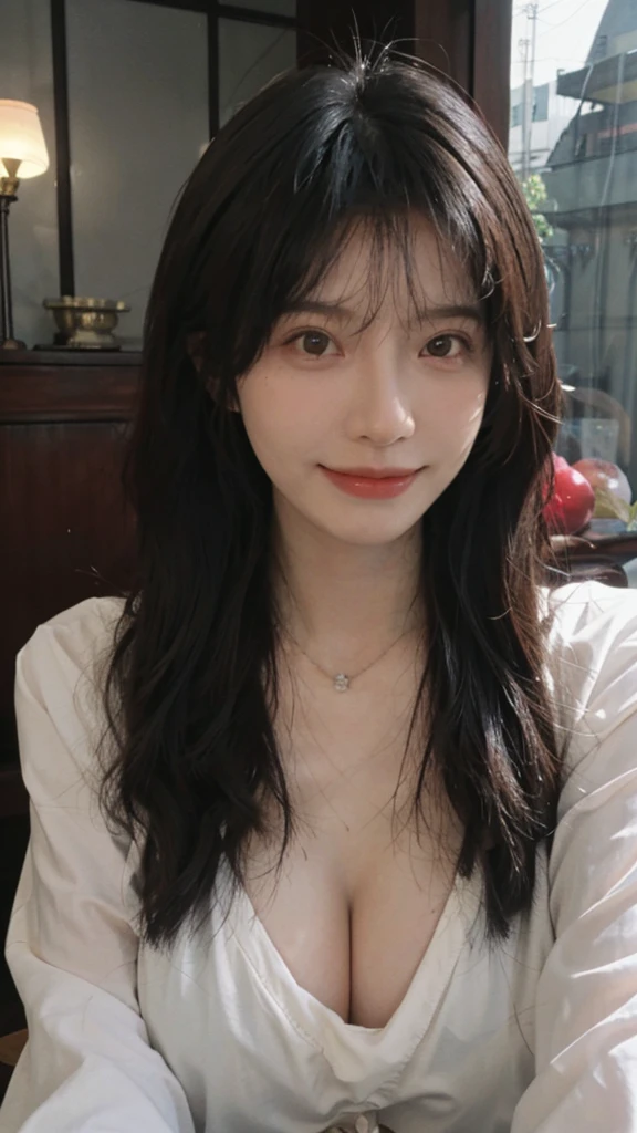 best quality, ultra high resolution, (realistically:1.4),Baoyu Girl,European style apartment,A pair of clear and charming peach blossom eyes, Royal sister,The sun shines on the face,big breasts,Big long wavy hairstyle, side bang, Showing forhead(necklace:1.2),(White skin:1.4),a sense of atmosphere,a beautiful girl, Smile,looking directly at the viewer, (lifelike:1.4),1 girl,Sexy,(Upper body:1.4),(wet),(:1.2)