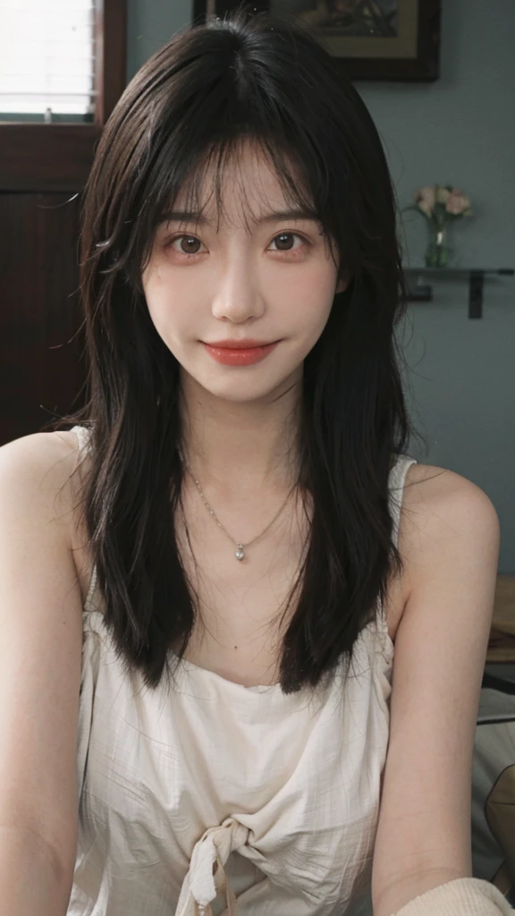best quality， ultra high resolution， （realistically：1.4），Baoyu Girl，European style apartment，A pair of clear and charming peach blossom eyes, Royal sister，The sun shines on the face，big breasts，Big long wavy hairstyle, side bang, Showing forhead（necklace：1.2），（White skin：1.4），a sense of atmosphere，a beautiful girl， Smile，looking directly at the viewer， (lifelike:1.4),1 girl,Sexy,(Upper body:1.4),(wet),(:1.2)