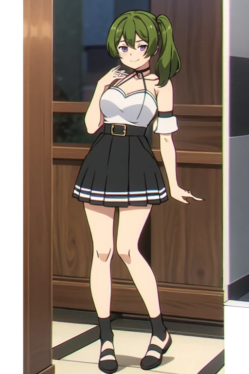((Bestquality))),((Ultra-detailed)),((illustration)),((Disheveledhair)),((frilld)),(1girl),(Solo), 1girl,looking_at_viewer,solo,standing,rating:safe,breasts,capelet,cleavage,clothes_pull,clothing,dress,female,footwear,high_heels,long_hair,makaria,shoes,skirt,skirt_hold,skirt_lift,skirt_pull,smile,white_dress,pink_footwear,pink_shoes, purple eyes,green hair,Right side ponytail,
