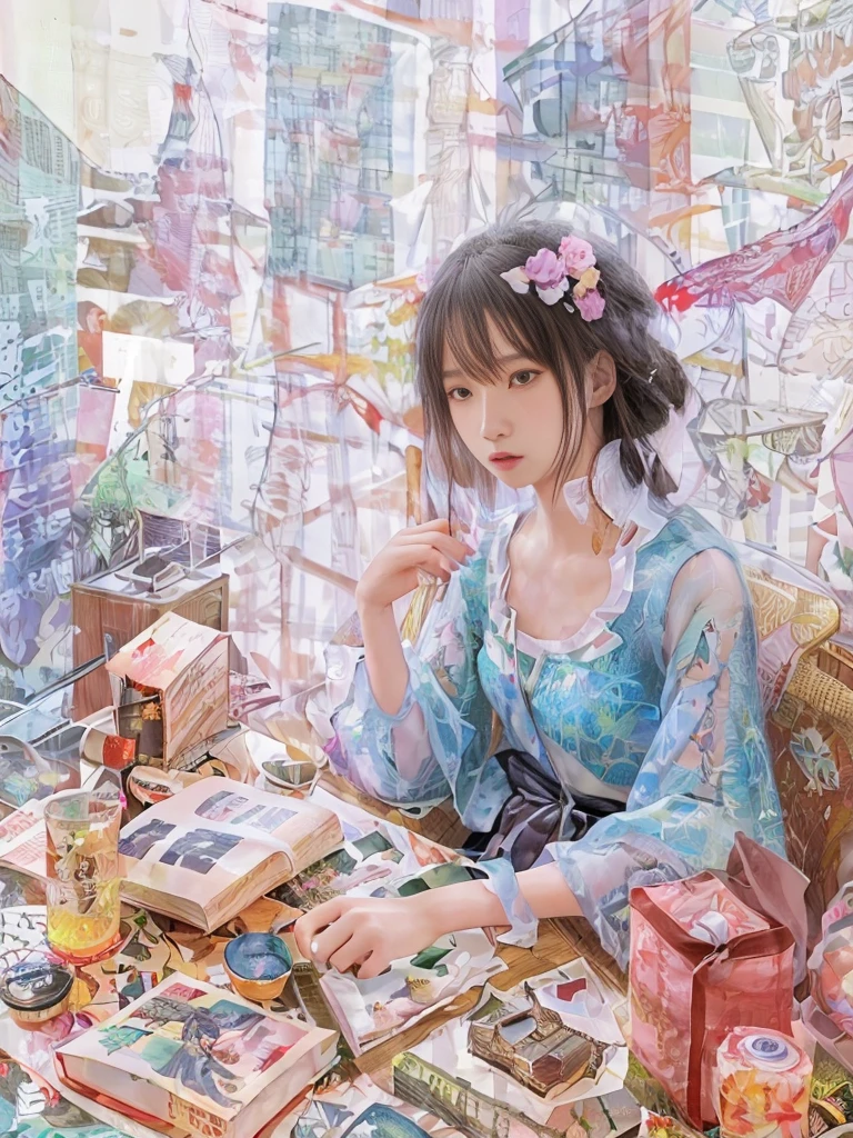 Drawing of a woman sitting at a table holding a book, Victoshai! cmyk palette, pop japonisme 3 d ultra detailed, artwork in style of sheng lam, victo ngai style, Anson Maddox, illustrative art, victo ngai cyberpunk style, ( ( Victoshai ) ), a beautiful artwork illustration
