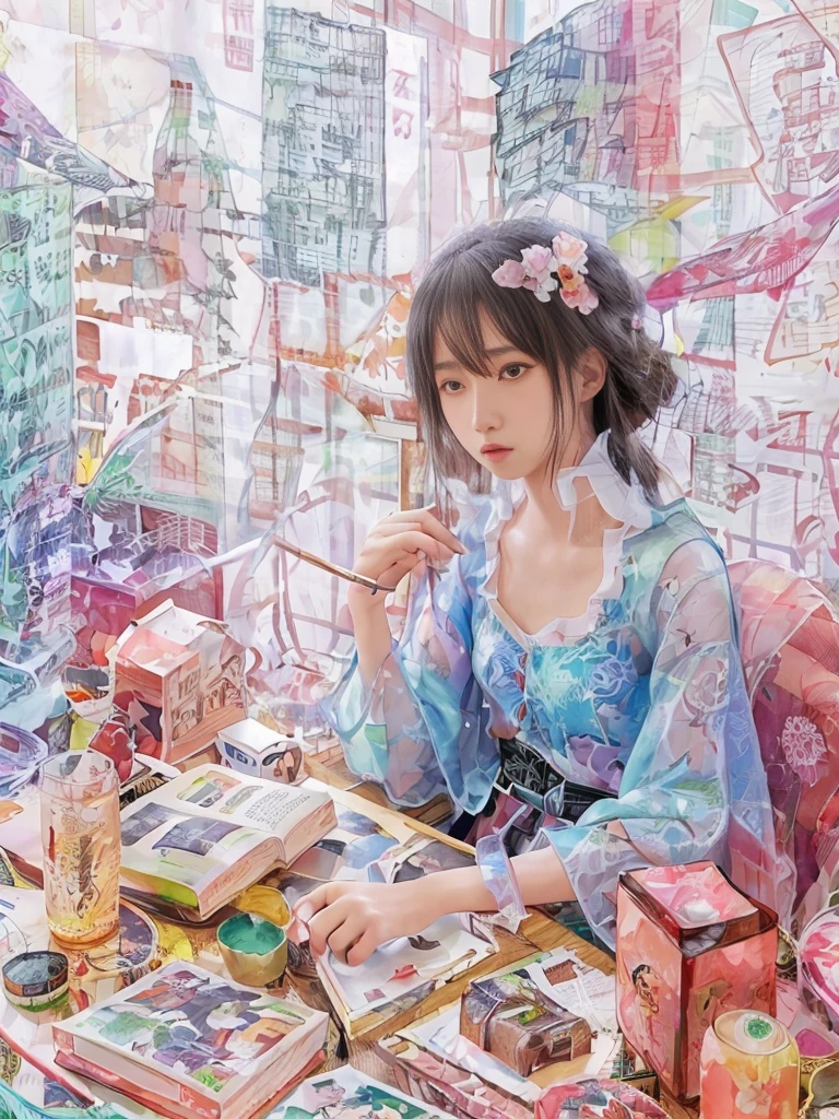 Drawing of a woman sitting at a table holding a book, Victoshai! cmyk palette, pop japonisme 3 d ultra detailed, artwork in style of sheng lam, victo ngai style, Anson Maddox, illustrative art, victo ngai cyberpunk style, ( ( Victoshai ) ), a beautiful artwork illustration