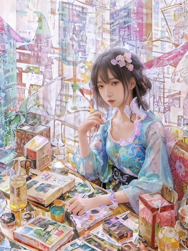 Drawing of a woman sitting at a table holding a book, Victoshai! cmyk palette, pop japonisme 3 d ultra detailed, artwork in style of sheng lam, victo ngai style, Anson Maddox, illustrative art, victo ngai cyberpunk style, ( ( Victoshai ) ), a beautiful artwork illustration
