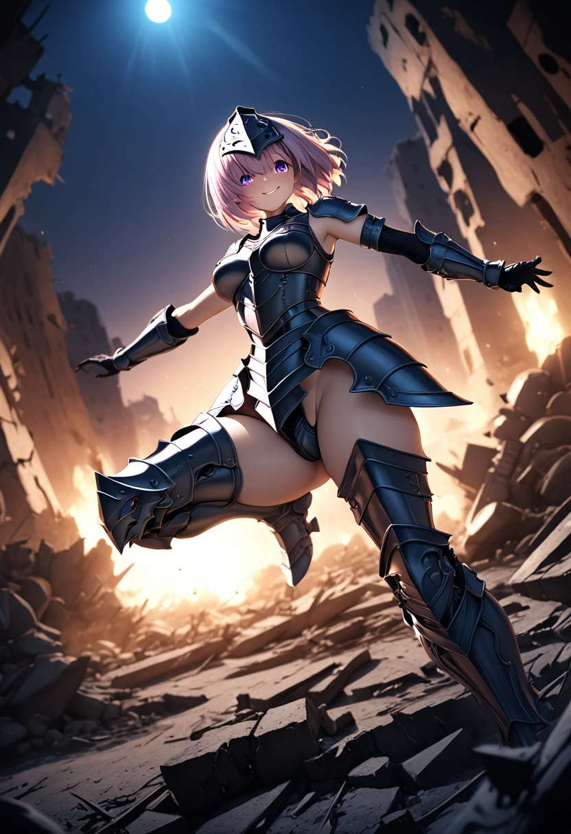 (masterpiece, top quality, best quality, beautiful and aesthetic:1.2), full body, SFW, extremely detailed, detailed eyes, detailed hands, cinematic light, depth of field, 1girl, seducing smile, solo, official, (full armored knight:1.4), dark armor, knight helmet, mash kyrielight, slim body, cinematic lighting, dramatic lighting, dramatic atmosphere, hyper-realistic, high resolution, stunning contrast, high quality, best quality, 8k, 4k, intricately detailed, (amazing details:1.2), highly detailed skin, powerful presence, vibrant colors, (detailed eyes:1.2), striking eyes, (detailed background), (warzone on background, night, ruins), (dynamic angle:1.2), (dynamic pose:1.2)